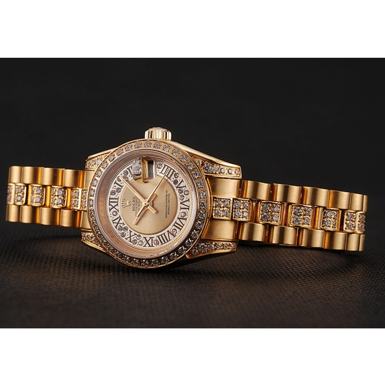 Aaa replica Rolex Dial DayJust Swiss Bracelet Diamond Diamond Gold Gold Pave 1453953 0520